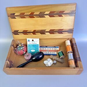 Wood Sewing Box With Marquetry Inlay And Accessories Antique